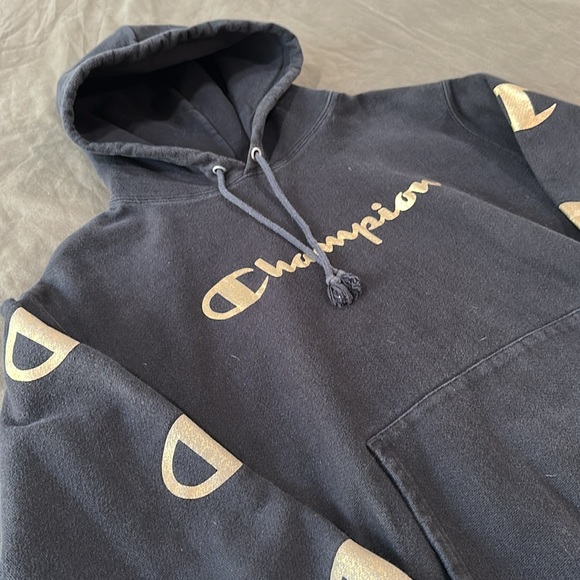 Champion Men's Vintage Black Hoodie, High GSM, Size Large - Picture 3 of 5